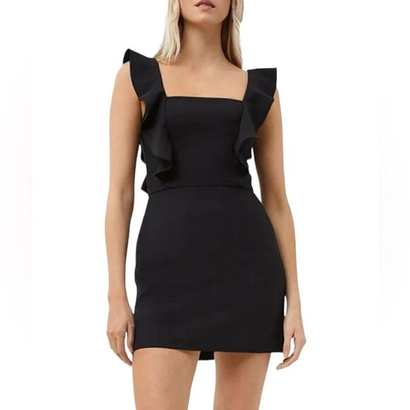 French Connection Whisper‎ Ruffle V-Neck Dress Black Size 2 - Picture 1 of 10
